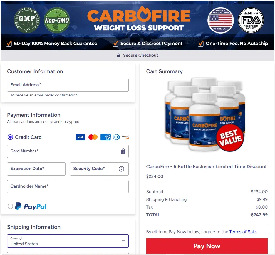 CarboFire Supplement order page